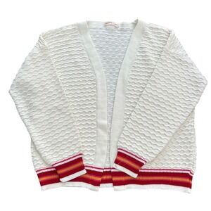 Oh Boy! White Waffle Knit Open Front Cardigan Striped Trim Size P Made in Brazil